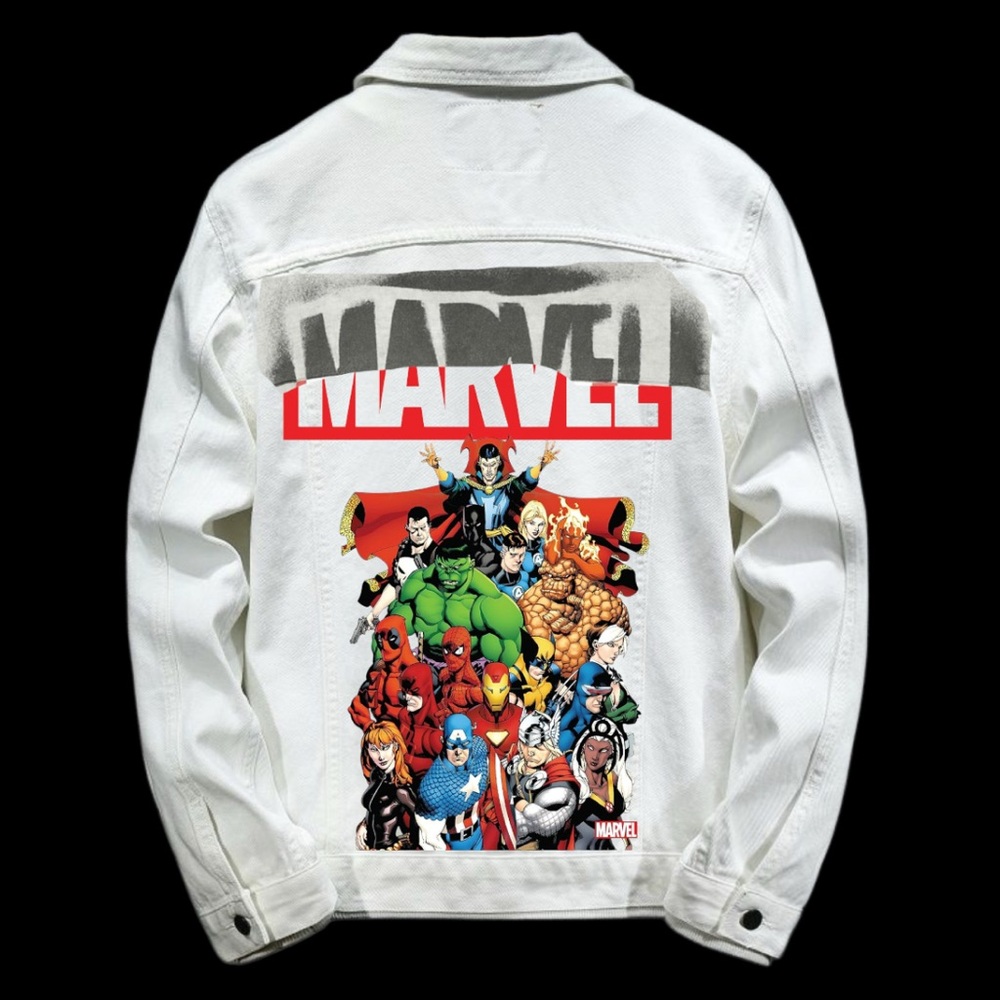 Marvel White Denim Jacket with Superhero Graphics
